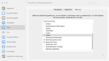 Konfigurationsmenü für den Rotor im Screenreader Apple VoiceOver: gesetzte Häkchen bei „Listen“, „Nicht besuchte Links“ und „Besuchte Links“
