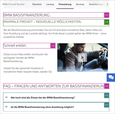 Bearbeiteter Screenshot bmw.de mit Visualisierung von fehlerhaften Headline-Strukturen