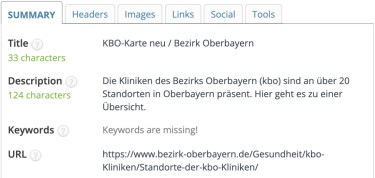 Screenshot Browser-Extension „SEO Meta in 1 Click“ – Seitentitel Bezirk Oberbayern