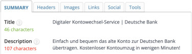 Screenshot Browser-Extension „SEO Meta in 1 Click“ – „Digitaler Kontowechsel-Service“ als Seitentitel