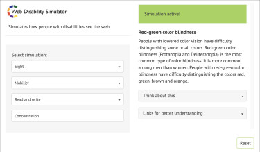 Screenshots vom Browser-Plugin „Web Disability Simulator“: Auswahl Behinderung und aktiver Status Rot-Grün-Blindheit
