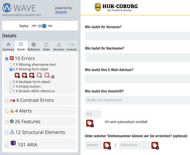 Screenshot HUK Coburg Formular: Die aktive Extension „Wave“ zeigt ein fehlendes Formular-Label.