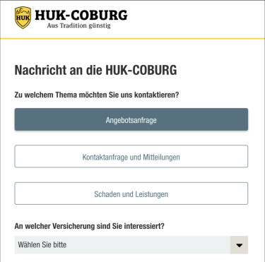 Screenshot Formular HUK Coburg mit Auswahl-Optionen als Schaltflächen