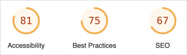 Ergebnisse Lighthouse Website-Test: Accessibility 81 Punkte und SEO 67 Punkte
