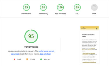 Beispielhafte Punkte-Auswertung einer Website in Lighthouse: Performance 95, Accessibility 98, Best Practices 100 und SEO 99 Punkte