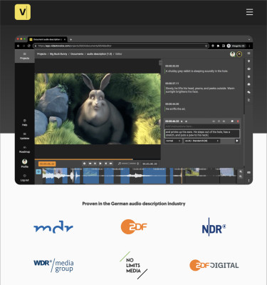 Screenshot video-to-voice.com: Player mit Editier-Ansicht für Audio-Deskription, darunter die Referenzen MDR, ZDF, MDR, WDR, No Limits Media, ZDF DIGITAL