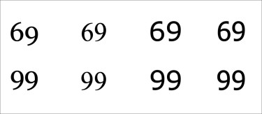 Die Zahl 69 in 4 verschiedenen Schriftarten, darunter die Zahl 99, deren erste Ziffer eine vertikal gespiegelte 6 ist.