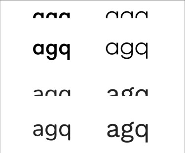 Die Buchstabenfolge agq in verschiedenen Schriftarten, einmal mit überdeckter unterer Hälfte, einmal ohne