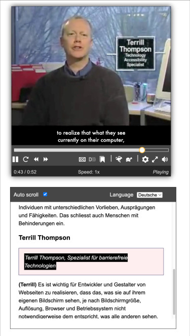 Screenshot Able Player: Transkript mit hervorgehobener texlicher Beschreibung der gerade sprechenden Person – mobile Ansicht mit Transkript unter Player