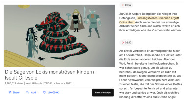 Screenshot tec.com: Video mit Titel und Kurzbeschreibung links, daneben das Transkript mit Zeitangaben und einer Sprachauswahl darüber (Auswahl: Deutsch)