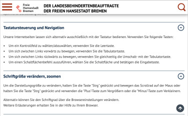 Screenshot: Seite „Erklärung zur Barrierefreiheit“ auf der Website des Landesbehindertenbeauftragten Bremen mit Hinweisen zu Tastatur-Steuerung und Vergrößerung