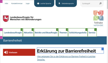 Screenshot: fehlerhafte Seite „Erklärung zur Barrierefreiheit“ auf der Website des Landesbeauftragten für Menschen mit Behinderungen Niedersachsen, hervorgehobene Headline-Auszeichnung H2 und H3 in Navigation über der H1 der Seite