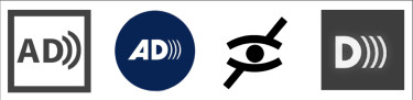 4 Symbole für Audio-Deskription: AD und zwei Wellen, AD und drei Ton-Wellen, durchgestrichenes Auge und D mit 3 Wellen