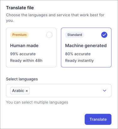 Screenshot Happyscribe: Übersetzungsdialog mit Auswahl „maschinengeneriert“ und „menschlich“